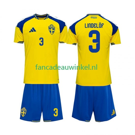 Zweden Wedstrijdshirt met Korting Victor Lindelof 3 Thuis Kind 2026 Korte Mouw