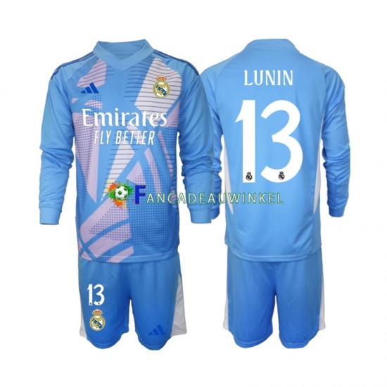 Real Madrid Wedstrijdshirt met Korting Andriy Lunin 13 Keepersshirt Thuis Kind 2024-25 Lange Mouw