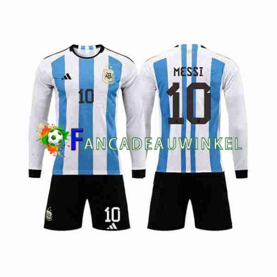 Argentinië Wedstrijdshirt met Korting 3 Stars Lionel Messi 10 Thuis Kind WK 2022 Lange Mouw