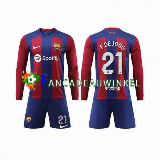 FC Barcelona Wedstrijdshirt met Korting Frenkie de Jong 21 Thuis Kind 2023-24 Lange Mouw