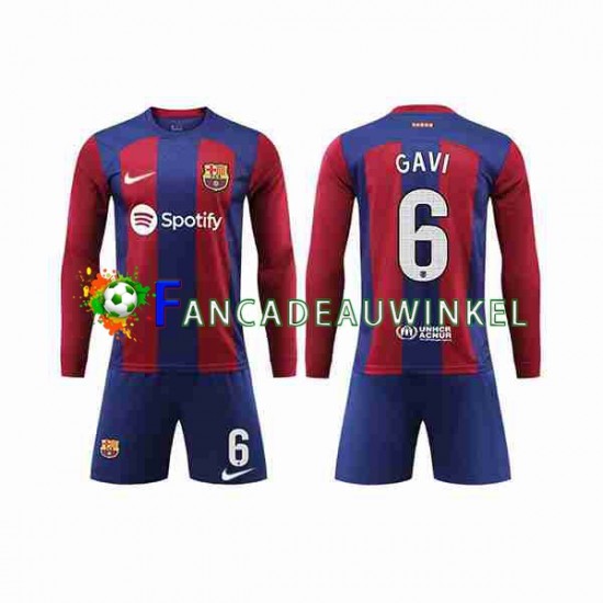 FC Barcelona Wedstrijdshirt met Korting GAVI 6 Thuis Kind 2023-24 Lange Mouw