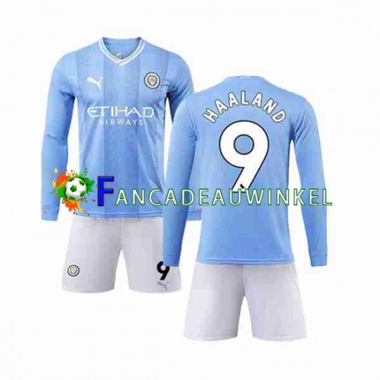 Manchester City Wedstrijdshirt met Korting Haaland 9 Thuis Kind 2023-24 Lange Mouw