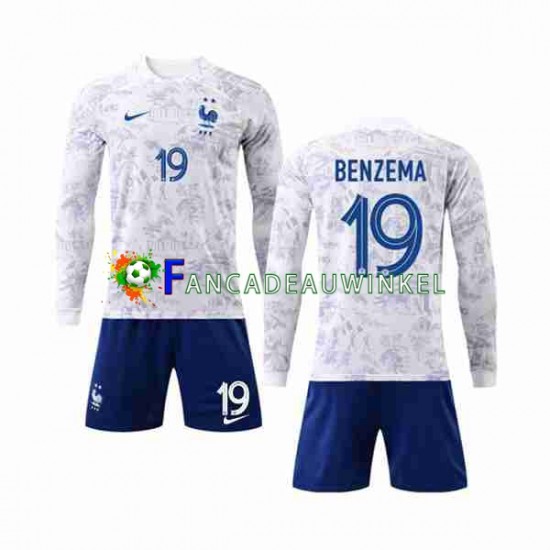 Frankrijk Wedstrijdshirt met Korting Benzema 19 Uit Kind WK 2022 Lange Mouw