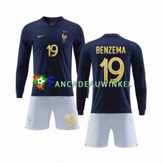 Frankrijk Wedstrijdshirt met Korting Benzema 19 Thuis Kind WK 2022 Lange Mouw