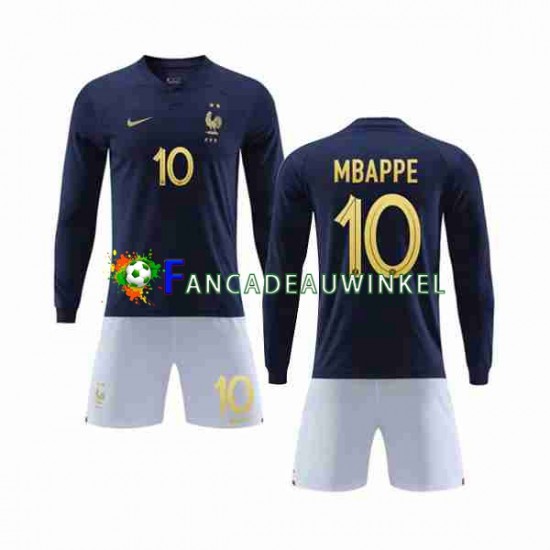 Frankrijk Wedstrijdshirt met Korting Mbappé 10 Thuis Kind WK 2022 Lange Mouw