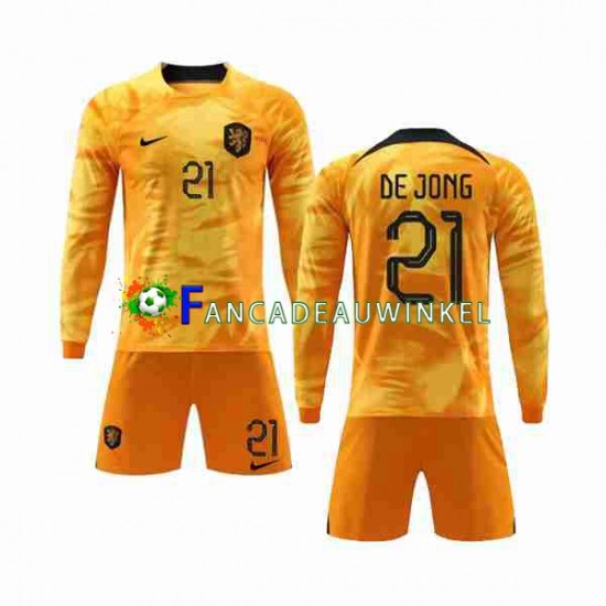 Nederland Wedstrijdshirt met Korting De Jong 21 Thuis Kind WK 2022 Lange Mouw