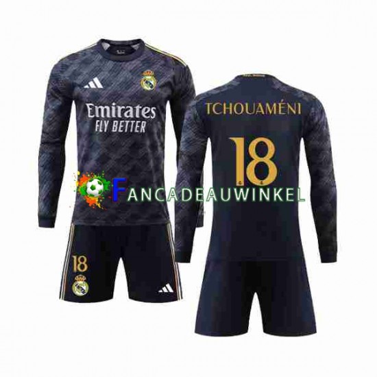 Real Madrid Wedstrijdshirt met Korting Aurelien Tchouameni 18 Uit Kind 2023-24 Lange Mouw