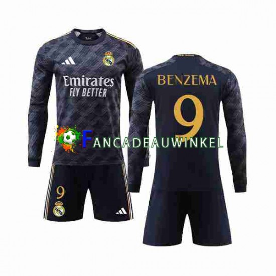 Real Madrid Wedstrijdshirt met Korting Benzema 9 Uit Kind 2023-24 Lange Mouw