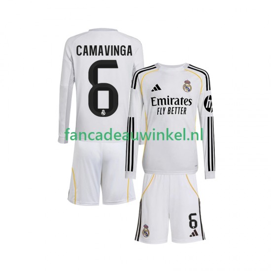 Real Madrid Wedstrijdshirt met Korting Camavinga 6 Thuis Kind 2025-26 Lange Mouw