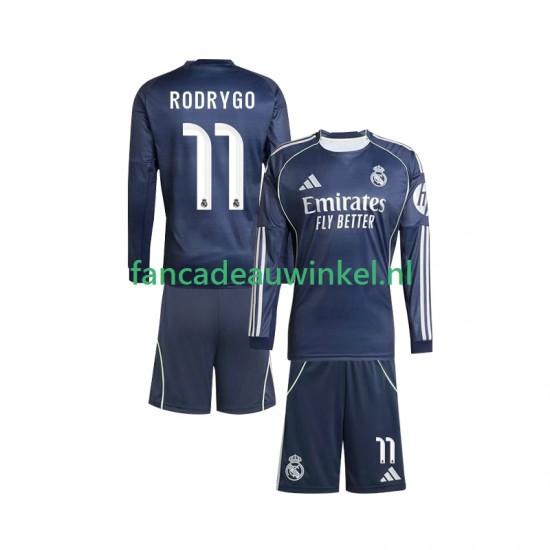 Real Madrid Wedstrijdshirt met Korting Rodrygo 11 Uit Kind 2025-26 Lange Mouw